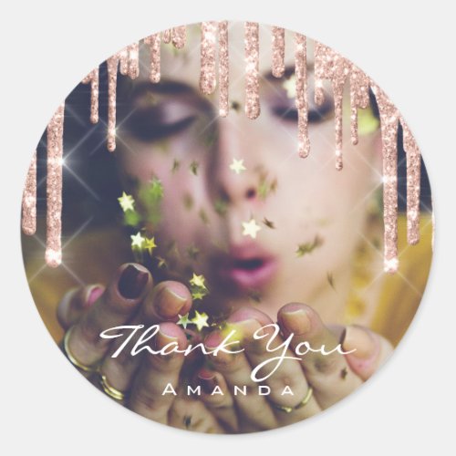 Photo Thank You Name Birthday Party Rose Glitter Classic Round Sticker