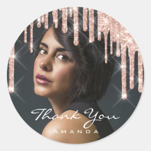 Photo Thank You Name Birthday Party Rose Glitter Classic Round Sticker