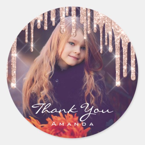 Photo Thank You Name Birthday Party Rose Glitter Classic Round Sticker