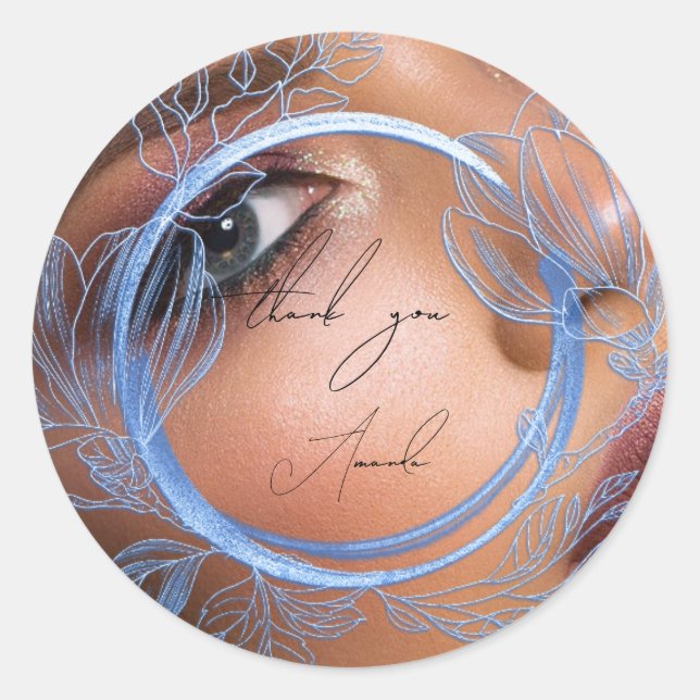 Photo Thank You Name Magnolia Floral Elegant Blue Classic Round Sticker (Front)