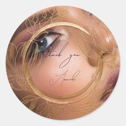 Photo Thank You Name Magnolia Floral Frame Gold Classic Round Sticker