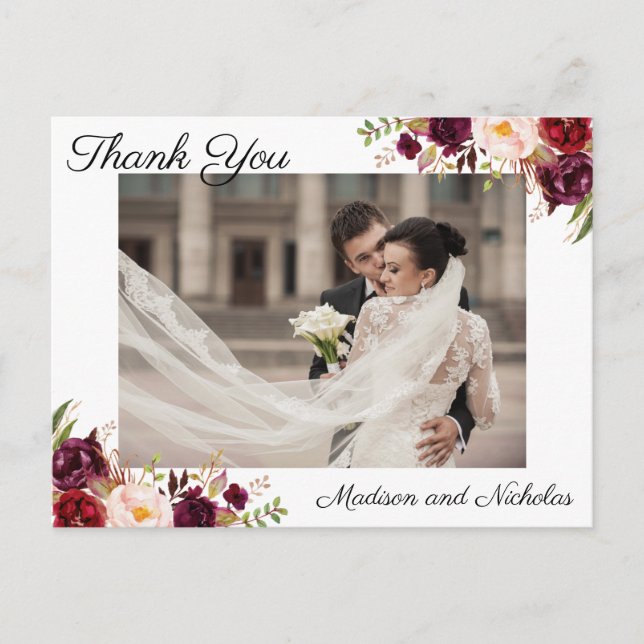 Photo Thank You Postcards with Marsala Pink Flower (Front)