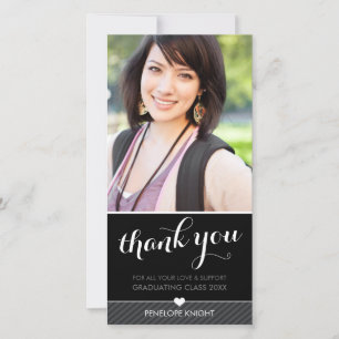 PHOTO THANK YOU script type graduate black white Card