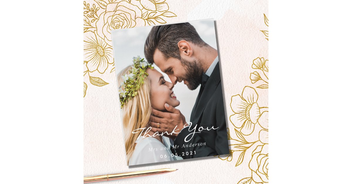 Photo thank you wedding modern script postcard | Zazzle