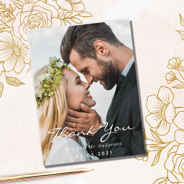 Photo thank you wedding modern script postcard | Zazzle