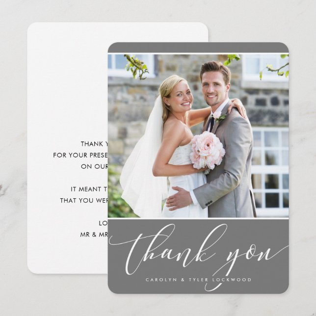 PHOTO THANK YOU wedding  pretty calligraphy gray (Front/Back)