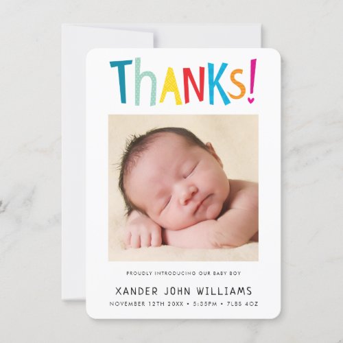 PHOTO THANKS modern new baby colorful type Thank You Card