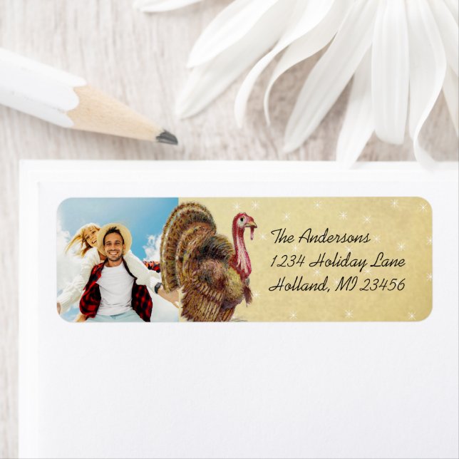 Photo Thanksgiving Greetings Vintage Turkey Label (Insitu)