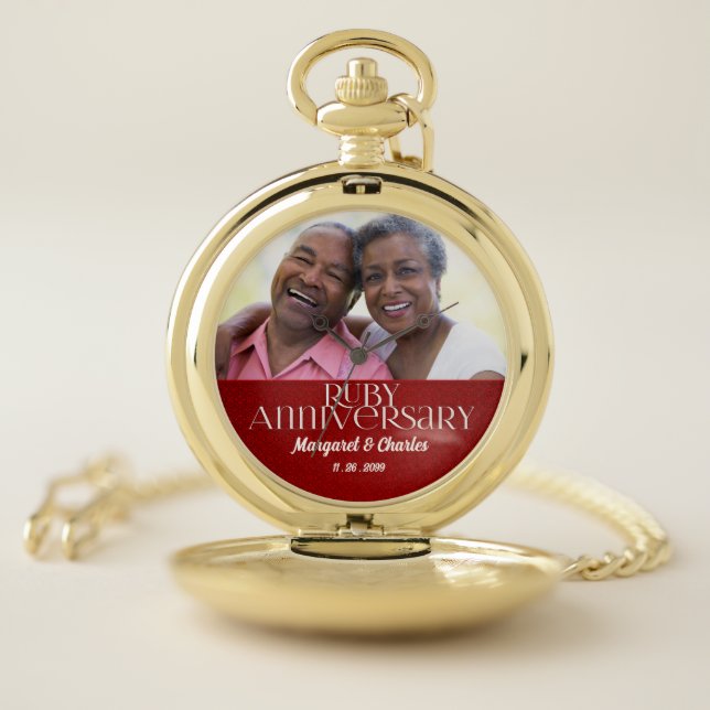 Photo Themed Ruby Red Anniversary Names and Date Pocket Watch (Inside)