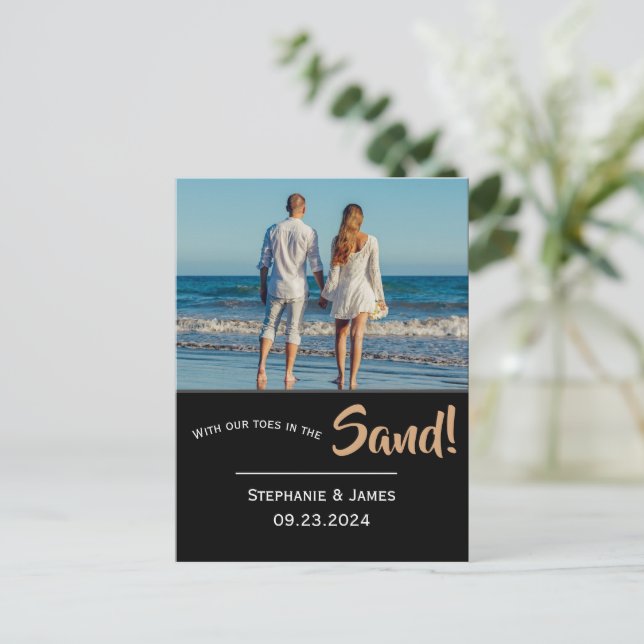 Photo Toes in the sand Beach Script Save the Date Announcement Postcard (Standing Front)