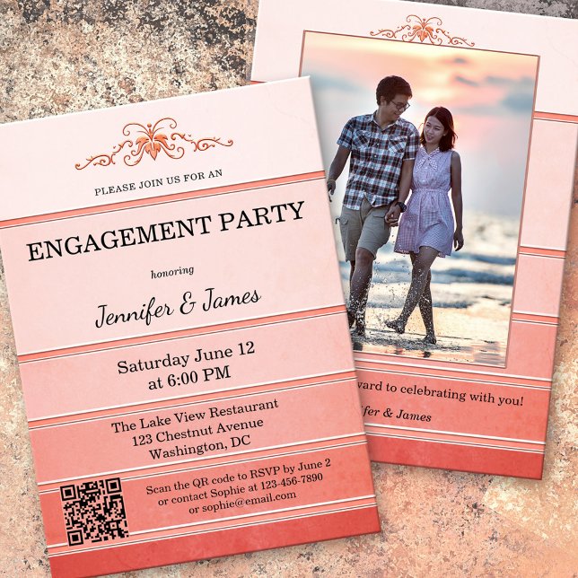 Photo Tone on Tone Coral Striped Engagement Invitation (Creator Uploaded)