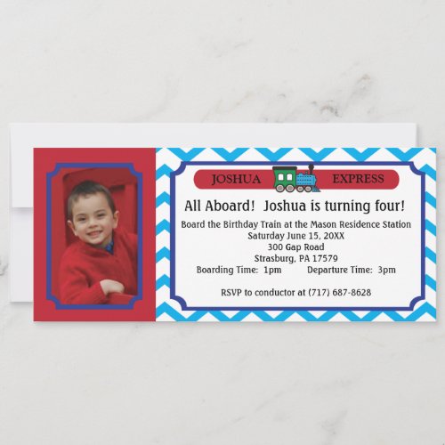 Photo Train Ticket - Blue Chevron Stripes Personalized Invitation