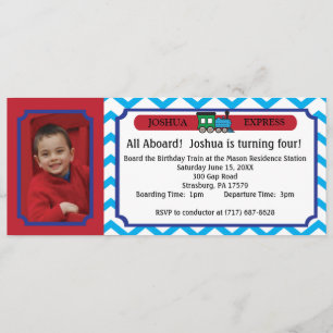 Photo Train Ticket - Blue Chevron Stripes Invitation