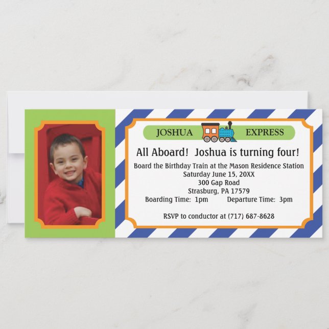 Photo Train Ticket - Blue Stripes Invitation (Front)