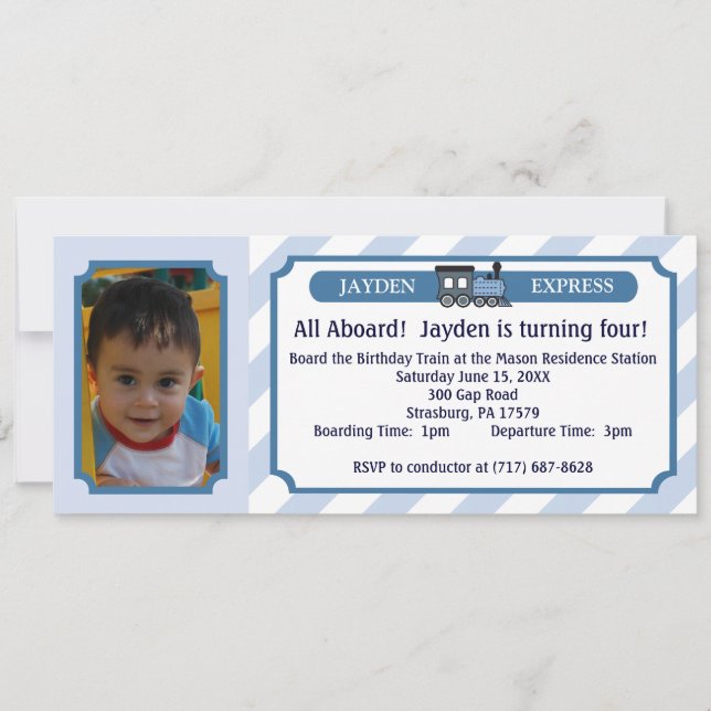 Photo Train Ticket - Light Blue Invitation (Front)