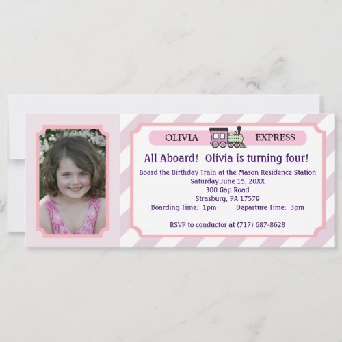 Photo Train Ticket - Purple Stripes Personalized Announcements