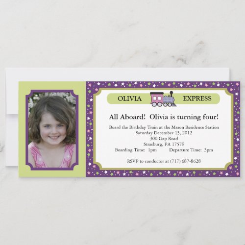 Photo Train Ticket - Purple &amp; Green Invites