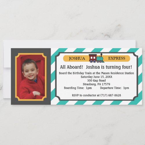 Photo Train Ticket - Teal Stripes Personalized Invite