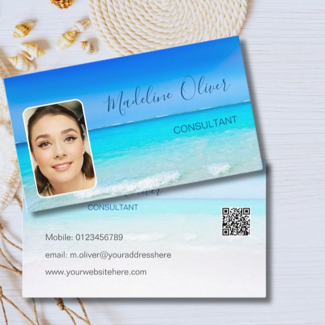 Photo Travel QR Code Professional Ocean Beach  Business Card (Creator Uploaded)