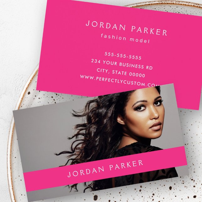 Photo trendy fashion model hot pink business card (Photo trendy fashion model hot pink business card)