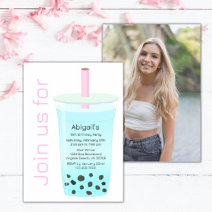 Photo Trendy Modern Pink Blue Boba Tea Birthday Invitation