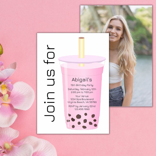 Photo Trendy Modern White Pink Boba Tea Birthday Invitation (Creator Uploaded)