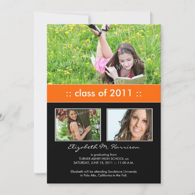 Photo Trio Custom Graduation Announcement (orange) (Front)