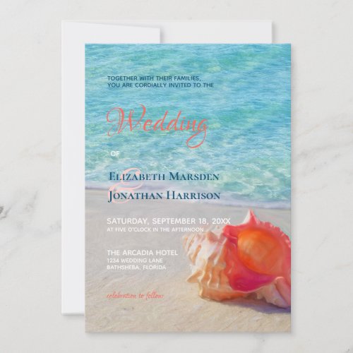 Photo Tropical Beach Conch Shell Modern Wedding Invitation