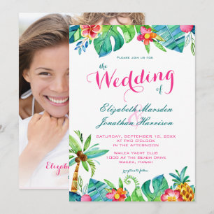 Photo Tropical Beach Pink Teal Floral Wedding Invitation