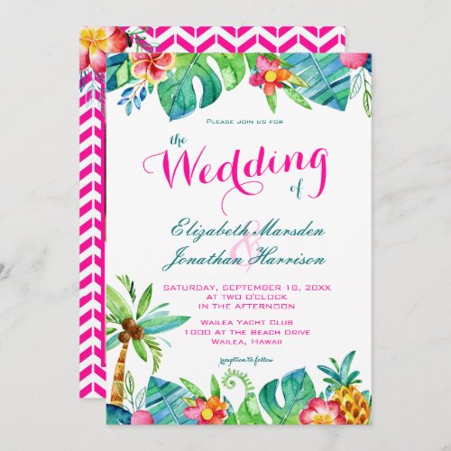 Photo Tropical Berry Pink Teal Floral Wedding Invitation