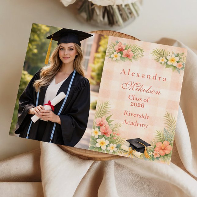 Photo Tropical Gingham Floral Graduation Announcement (Creator Uploaded)