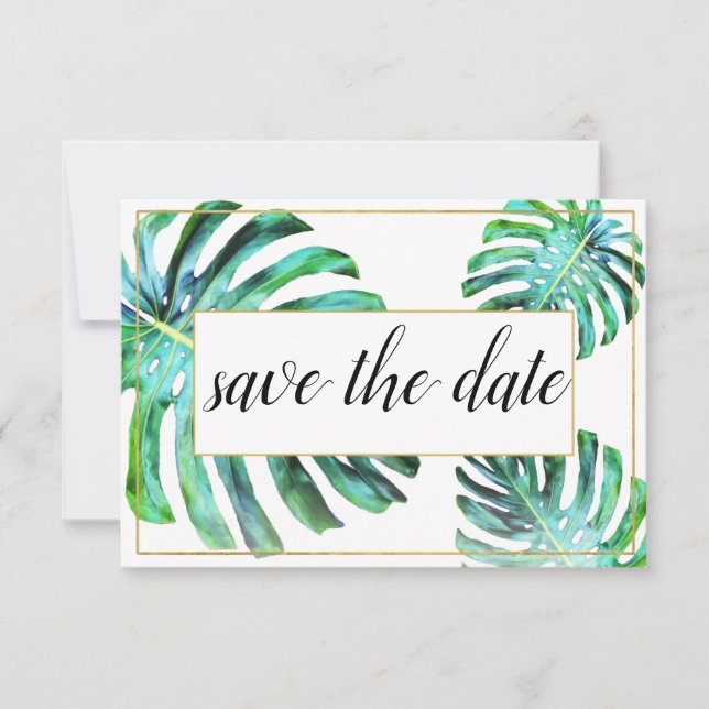 Photo Tropical Leaf Greenery Gold Save The Date (Front)