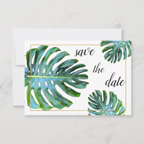 Photo Tropical Leaf Greenery Gold Save The Date