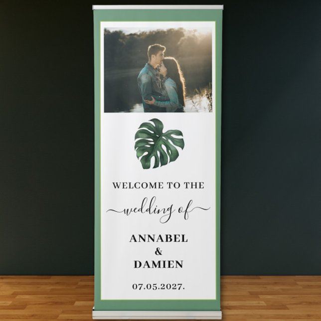 Photo Tropical Palm Leaf Monstera Welcome Wedding Retractable Banner (Creator Uploaded)