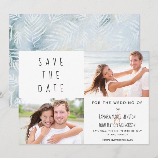 Photo Tropical Palm Leaves Blue Save The Date Invitation (Front/Back)