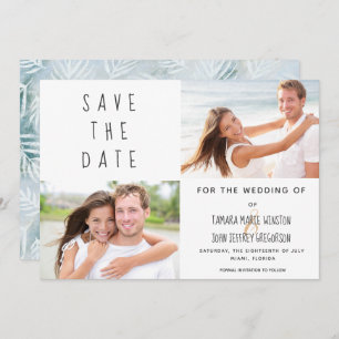 Photo Tropical Palm Leaves Blue Save The Date Invitation