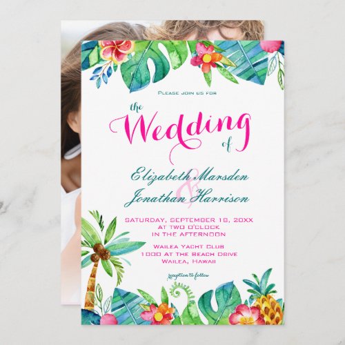 Photo Tropical Pink Teal Floral Chevron Wedding Invitation