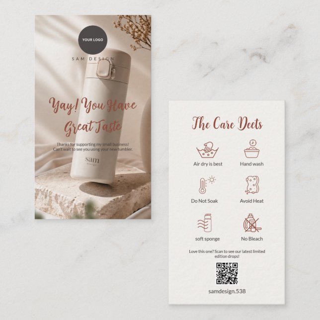 Photo Tumbler Care Card Thank You Insert QR Code (Front/Back)