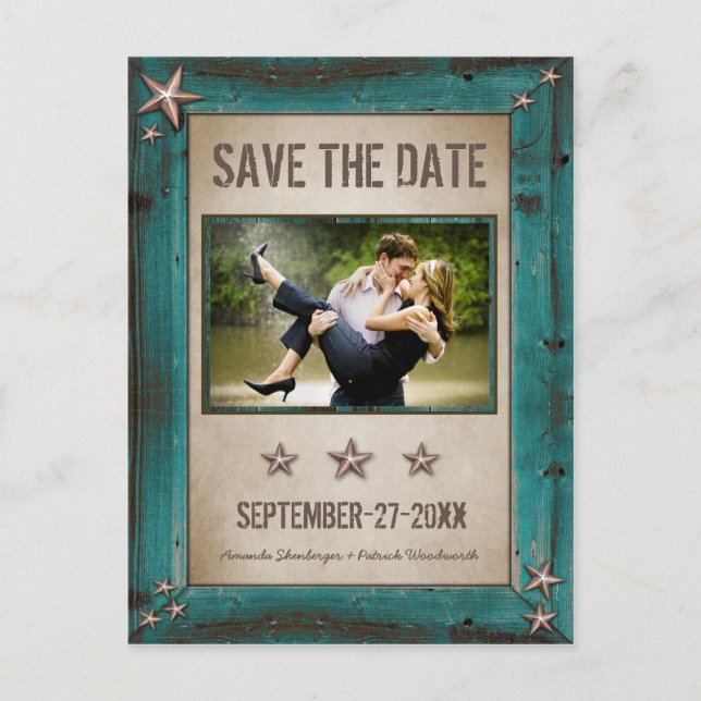 Photo Turquoise Barn Wood Save The Date Cards (Front)