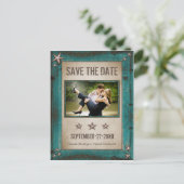 Photo Turquoise Barn Wood Save The Date Cards (Standing Front)
