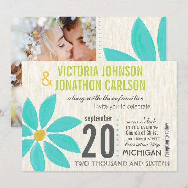 Photo Turquoise Stylized Daisy Wedding Invitations (Front/Back)