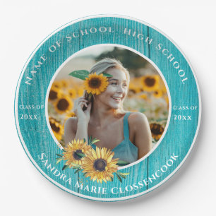 Photo Turquoise Sunflower Yellow Graduation Paper Plates