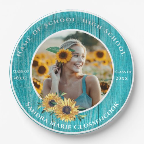  Photo Turquoise Sunflower Yellow Graduation  Paper Plates