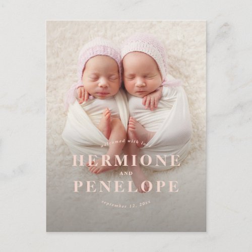 Photo twin modern typographic pink girly birth holiday postcard