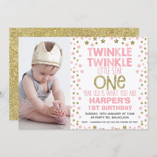 Photo Twinkle Little Star Birthday Invitation (Front/Back)