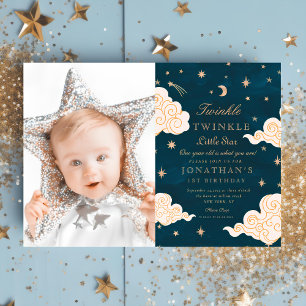 photo Twinkle Little Stars Cute Moon 1st Birthday Invitation