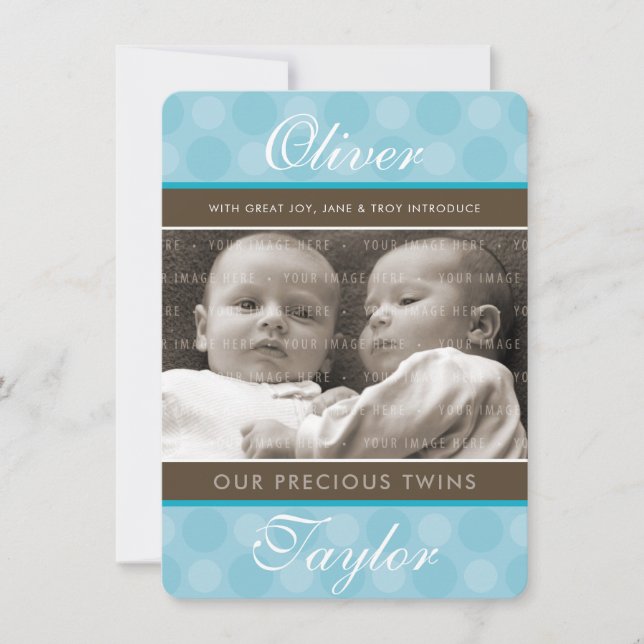 PHOTO TWINS BIRTH ANNOUNCEMENT cute boys blue (Front)