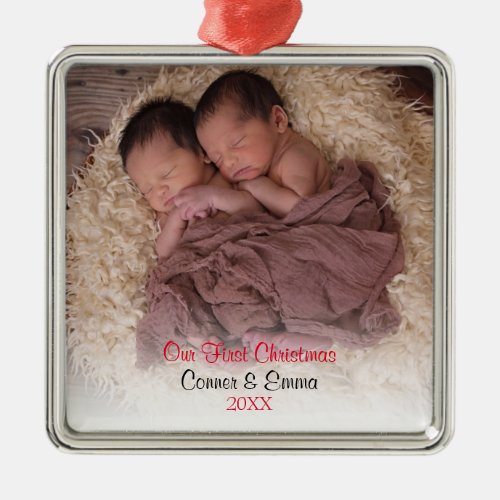 Photo Twins Red Babys First Christmas Metal Ornament