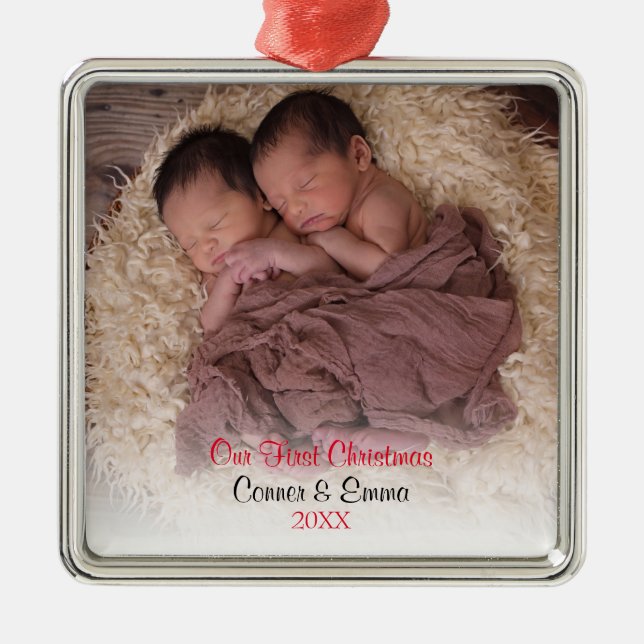 Photo Twins Red Babys First Christmas Metal Ornament (Front)