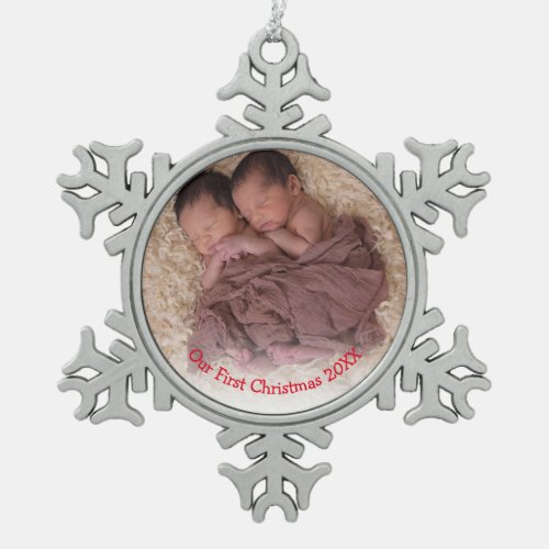 Photo Twins Red Babys First Christmas Snowflake Pewter Christmas Ornament